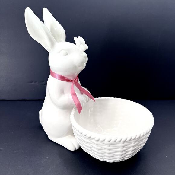 Williams Sonoma Ceramic Bunny Rabbit with Basket and Butterfly Candy Dish - Picture 2 of 8
